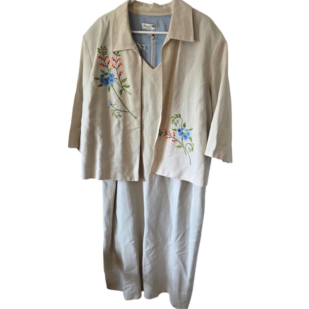 Deane-White Linen Blend Sheath Dress Plus Sz 20 Jacket Embroidered Floral
